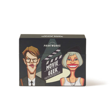 A boxed board game titled 'MOVIE GEEK - TRIVIA GAME' featuring illustrations of two characters on the cover.